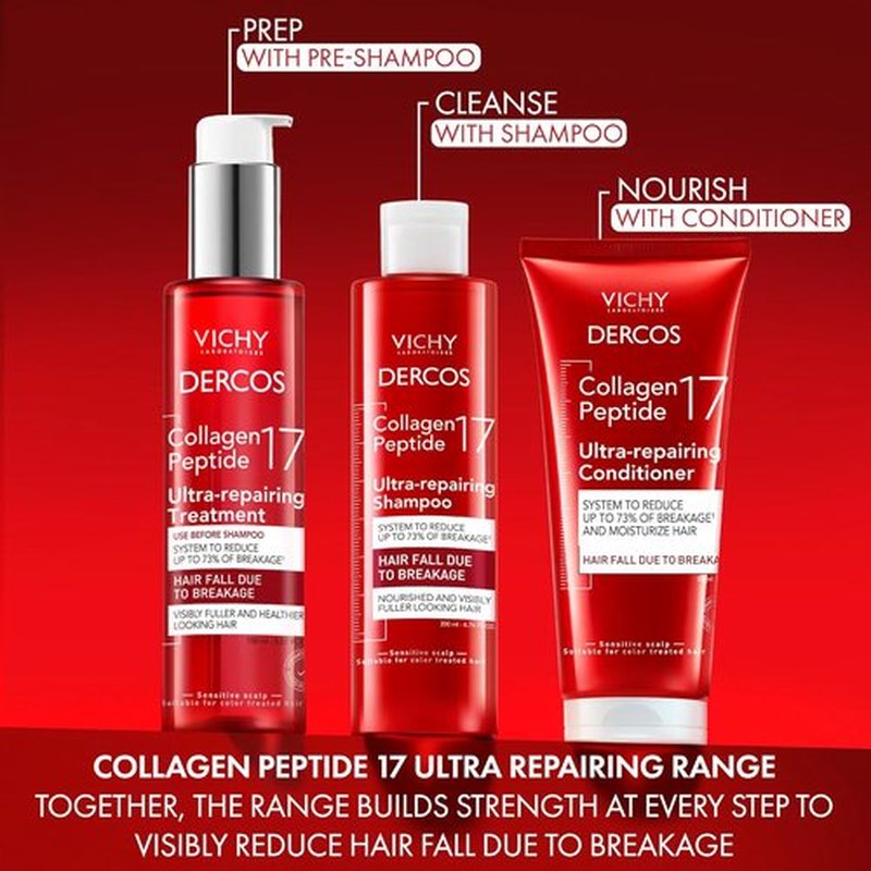 Dercos Collagen Peptide 17 Shampoo - Ultra-Repairing Formula for Damaged Hair | Reduces Breakage & Boosts Volume