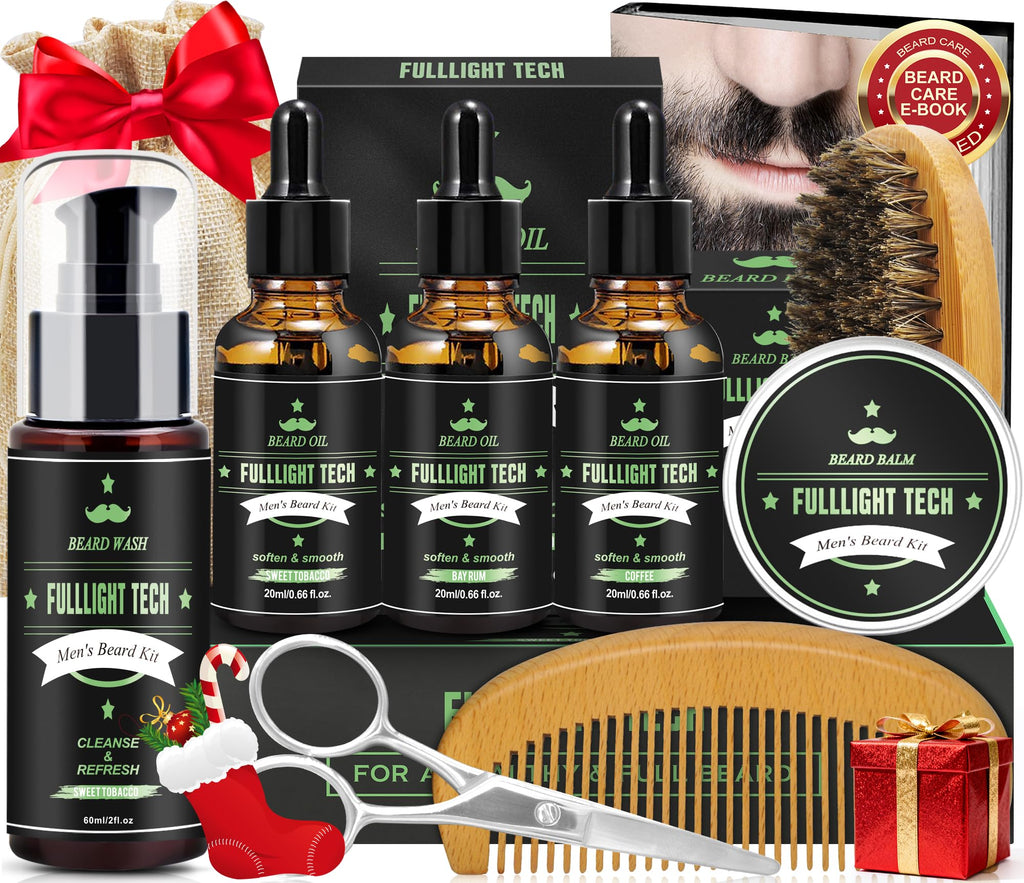 Dad Birthday Gifts,Beard Grooming Kit Includes 3 Scented Beard Oil,Sweet Tobacco Beard Shampoo & Balm, Brush, Comb,Scissors,Cool Men Christmas Stocking Stuffers Gifts for Men Him Boyfriend Husband