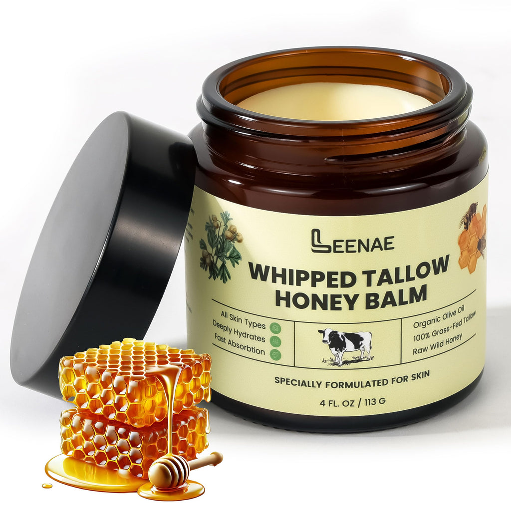 LEENAE Whipped Beef Tallow Moisturizer with Honey – Grass Fed Tallow Face & Body Balm, Unscented Natural Skin Cream with Olive Oil, 4 oz