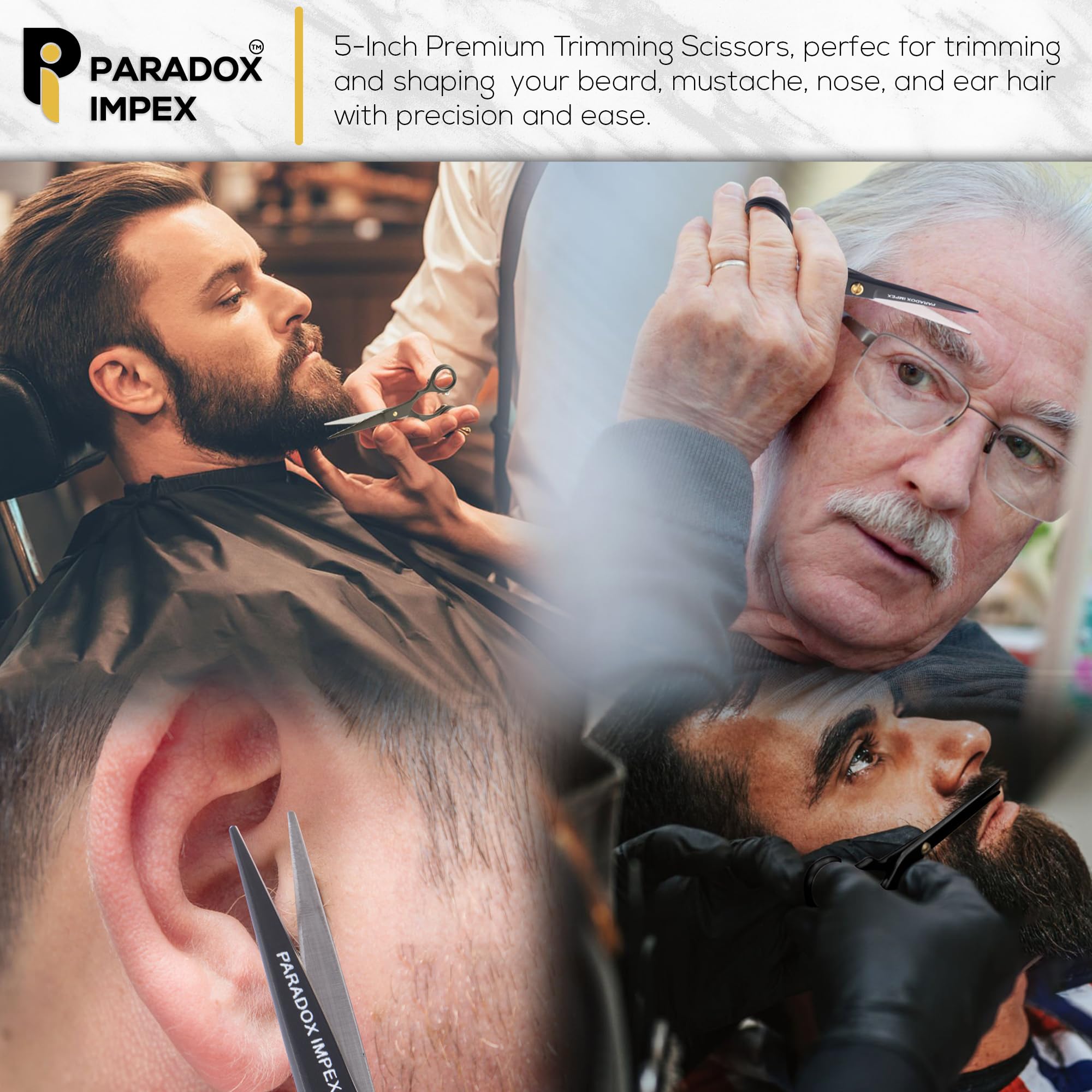 PARADOX IMPEX 5” Beard and Mustache Scissors, German Stainless Steel Beard Scissors Come with 1 Tweezers, 1 Beard Comb, 1 Mustache Comb and Pouch, Hair Scissors for All Facial Hairs. (Black)