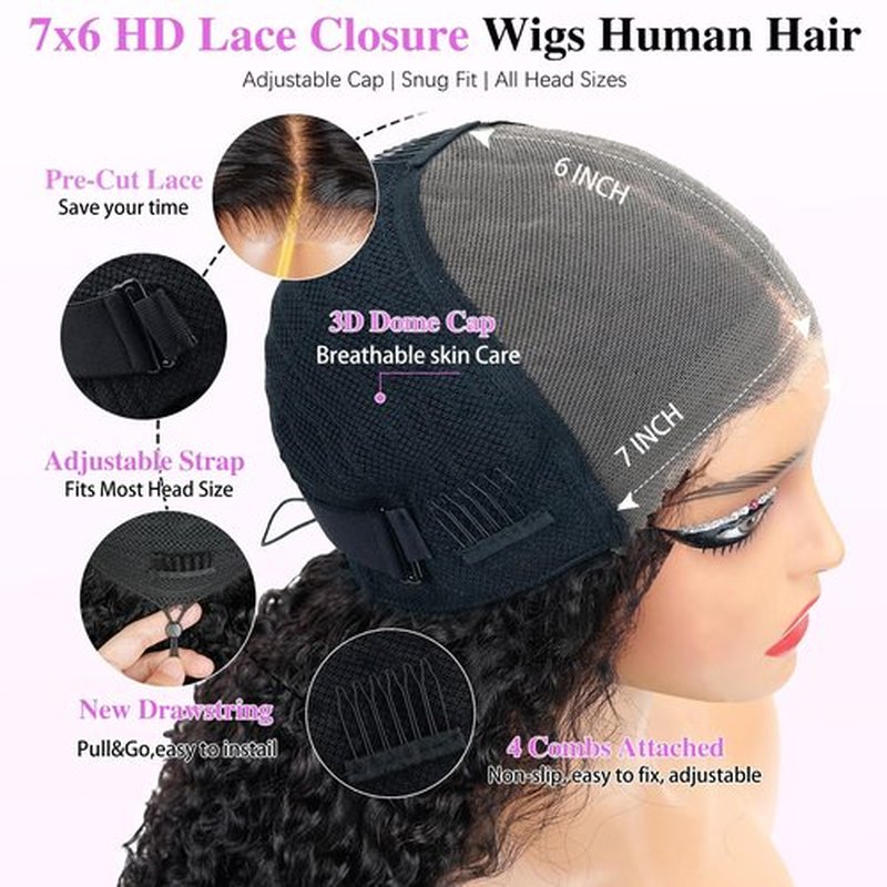 Liqusee 7x6 Burmese Curly Glueless Wigs Human Hair Pre Plucked Pre Cut 250% Density Drawstring Wig for Black Women 7x6 HD Lace Front Wigs Human Hair Glueless Wear and Go Nautural Color 16 Inch