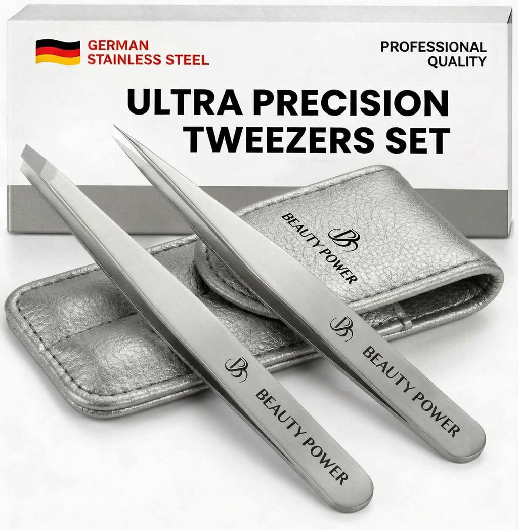 Beauty Power Professional Tweezers Set – Slant & Point, Ultra Precision German Stainless Steel Tweezers for Eyebrows, Chin, Ingrown Hair & Facial Grooming – Lightweight with Case - Gift Idea - Gray
