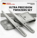 Beauty Power Professional Tweezers Set – Slant & Point, Ultra Precision German Stainless Steel Tweezers for Eyebrows, Chin, Ingrown Hair & Facial Grooming – Lightweight with Case - Gift Idea - Gray