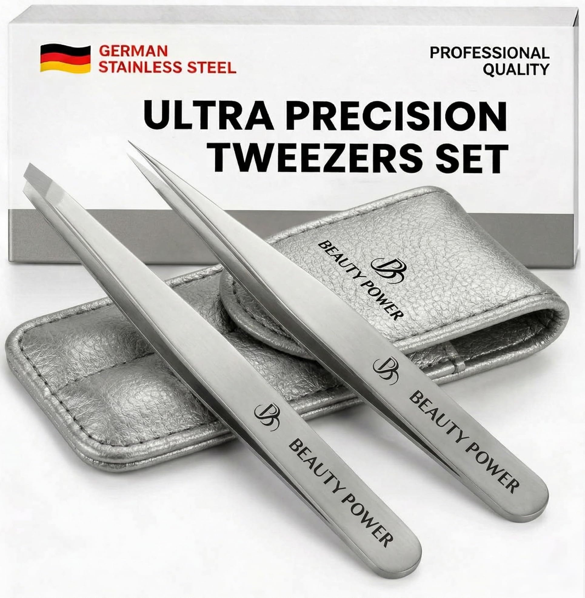 Beauty Power Professional Tweezers Set – Slant & Point, Ultra Precision German Stainless Steel Tweezers for Eyebrows, Chin, Ingrown Hair & Facial Grooming – Lightweight with Case - Gift Idea - Gray