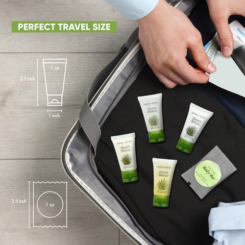 Travel Size Hotel Toiletry Set 75 Count 1 oz Bottles Guest Amenities for Vacation Rentals and Short Term Rentals Paraben Free Green Tea Lemongrass Scent Infused with Aloe and Olive Oil | Desert Breeze