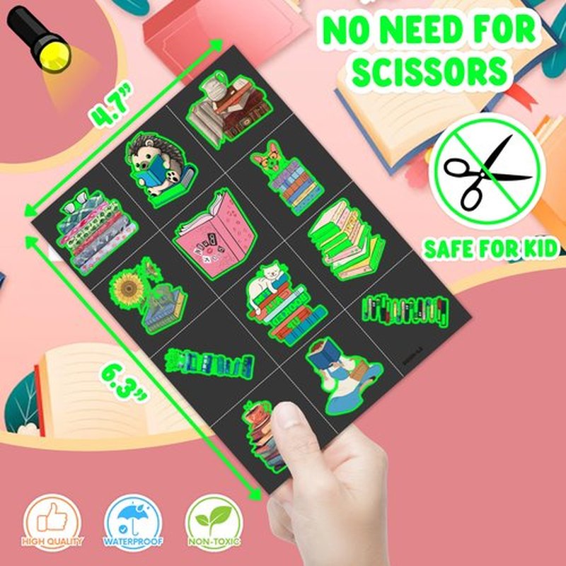 96 PCS Reading Book Library Glow In The Dark Pre-Cut Temporary Tattoos Sticker Booklish Nerd Birthday Party Decorations Favors Supplies Gifts Boys Girls Teachers Tattoo School Reward Themed Luminous