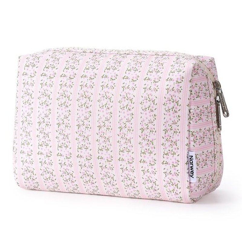 Narwey Floral Makeup Bag - Travel Cosmetic Organizer with Compartments for Women | Large Pink Flower Design