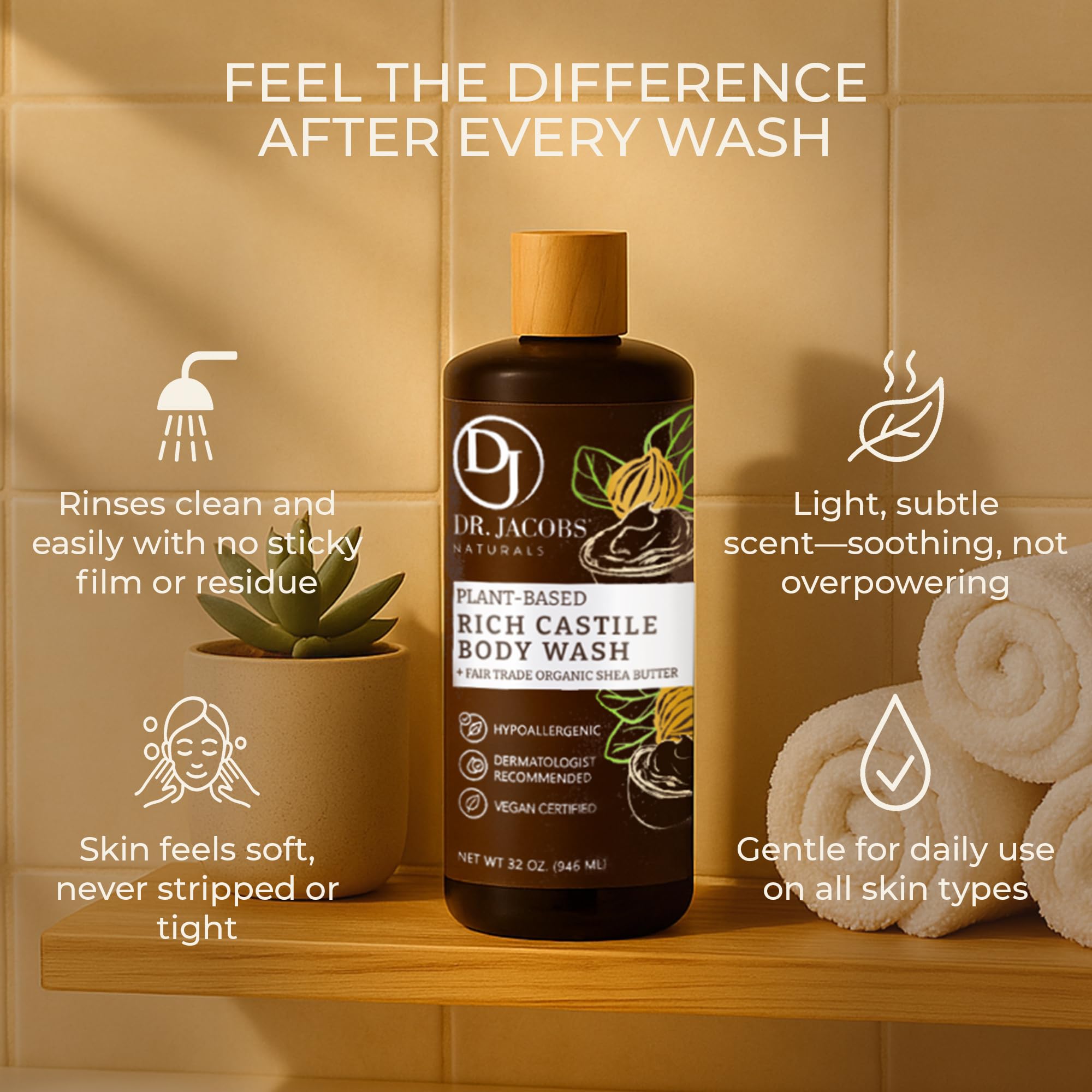Dr. Jacobs Naturals Pure Castile Soap Liquid Body Wash, Shea Butter - Plant Based Soap Infused with Vitamin E and Aloe Vera to Moisturize Dry and Sensitive Skin - Made in The USA - 32 oz, Pack of 1