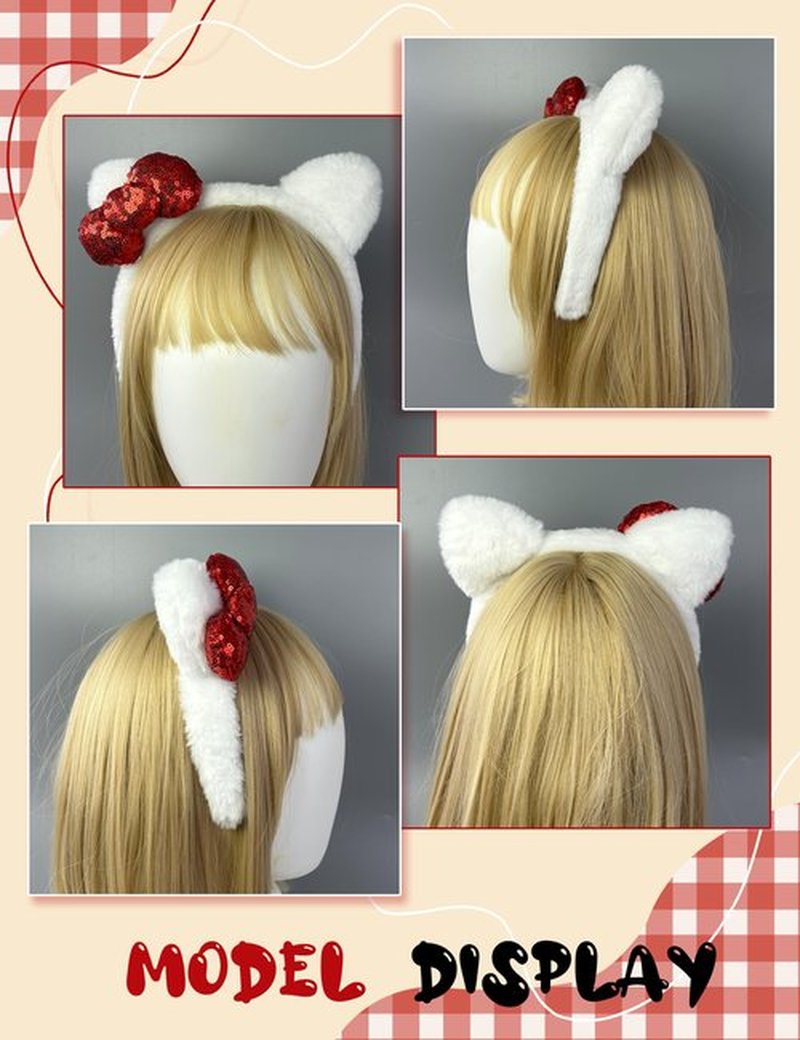 Kobataro Kitty Ears Headband Bow White Cat Ear Hair Accessories Kitten Costume Birthday Party Christmas Gifts for Women