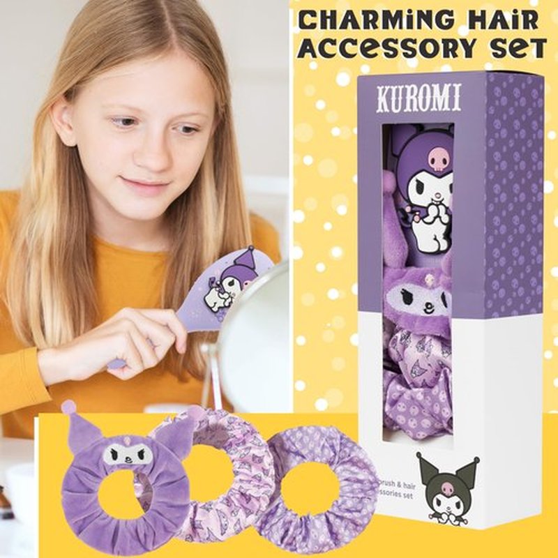 Hello Kitty Sanrio Hair Brush & Scrunchies Set, Kawaii Valentines Day Gifts for Women, Wife, Girlfriend, Girls, Teens, Kuromi, Cinnamoroll Cute Stuff, Detangler Brush (Kuromi Brush & Scrunchies)