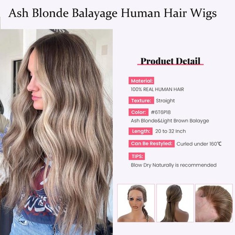 Ombre Blonde Lace Front Wigs Brown Balayge Human Hair 18 Inch 13x4 Lace Front Wigs for Women Pre Plucked with Baby Hair Glueless 150% Density Chestnut Brown with Ash Blonde Highlight Virgin Hair Wigs