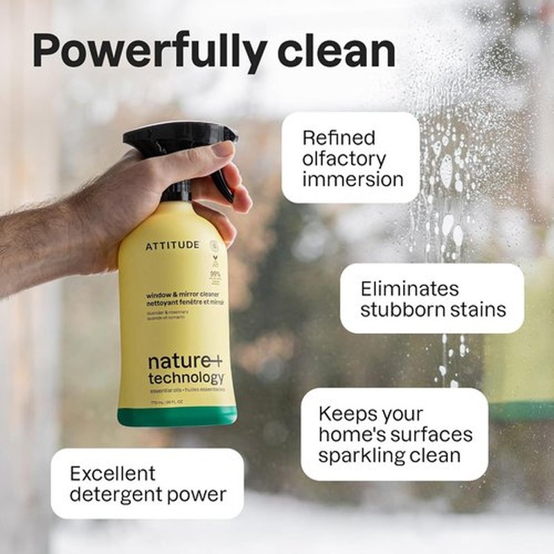 ATTITUDE Window & Mirror Cleaner Spray - Plant-Based, Streak-Free Formula with Lavender & Rosemary, 26 Fl Oz