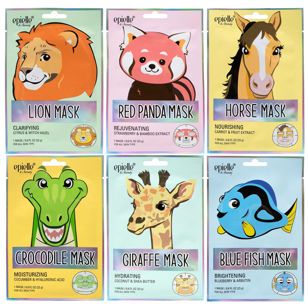 Epielle Character Face Mask Wild Kingdom 6 Pack, Fun & Effective Korean Skin Care, Spa Party Favors, Birthday Gifts for Women, Self Care Gifts