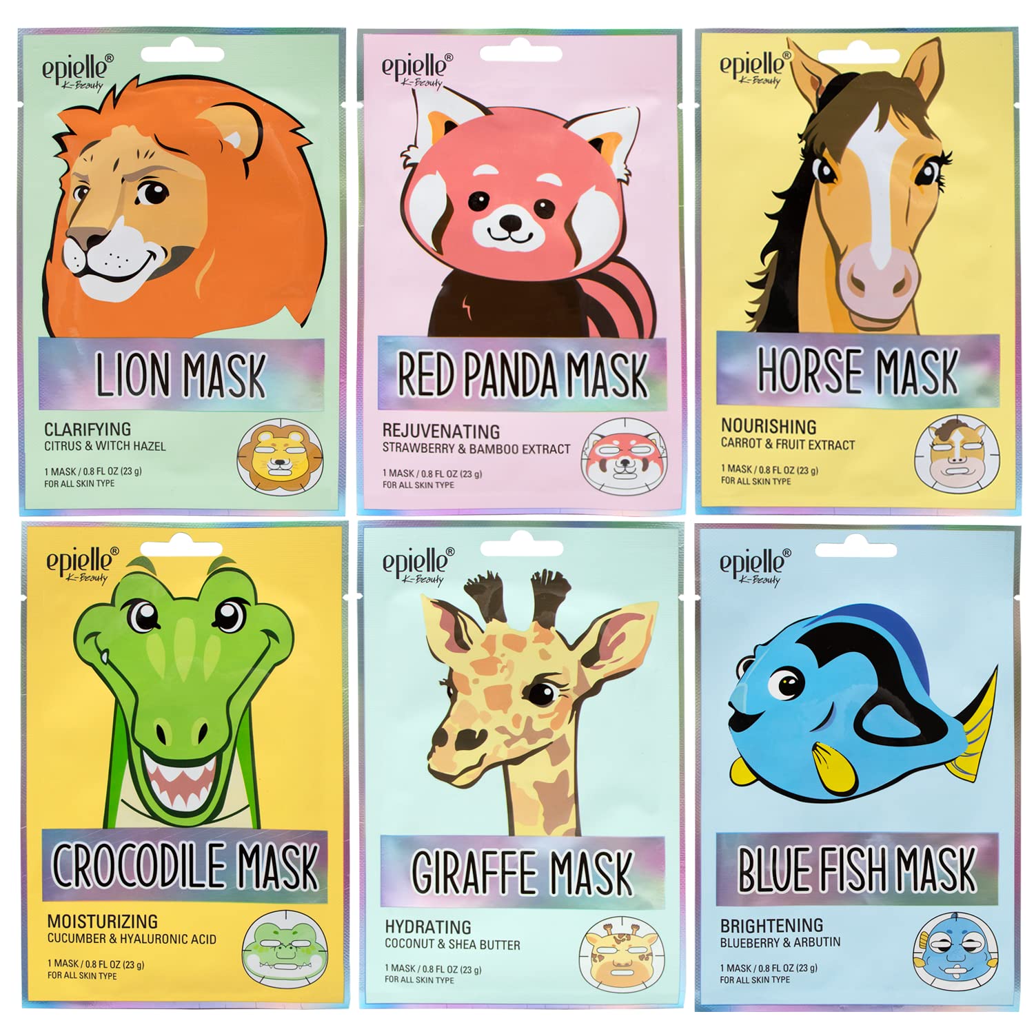 Epielle Character Face Mask Wild Kingdom 6 Pack, Fun & Effective Korean Skin Care, Spa Party Favors, Birthday Gifts for Women, Self Care Gifts