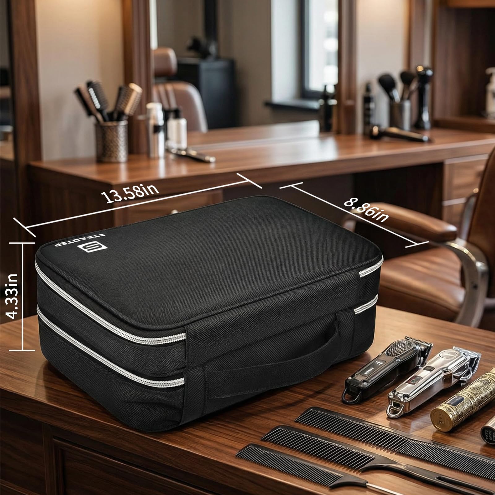Steadtep Barber Clipper Organizer Bag, Double Layer Hair Clipper Case for Clippers, Guards, Scissors & Barber Supplies, Portable Travel Barber Bag with Transparent Guard Pockets (BLACK, LARGE)