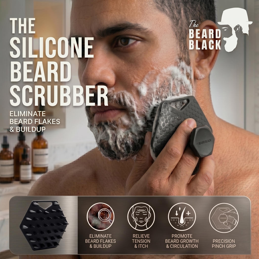 The BEARD BLACK Silicone Beard Scrubber - Deep Cleansing Beard Brush for Men - Manual Exfoliating Face Scrubber for Beardruff & Flake Removal - Soft Touch Grooming Tool for Shower & Travel
