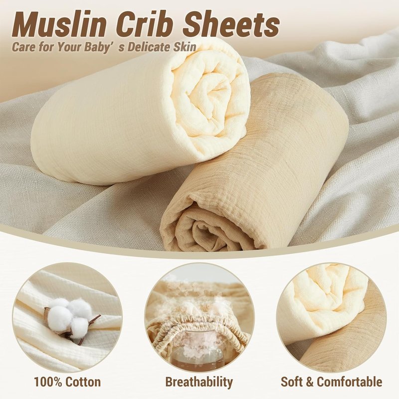 Bailix Heavyweight Muslin Baby Crib Sheets - 2-Pack Neutral Fitted Sheets | Soft 100% Organic Cotton (52"x28", Cream & Coffee)