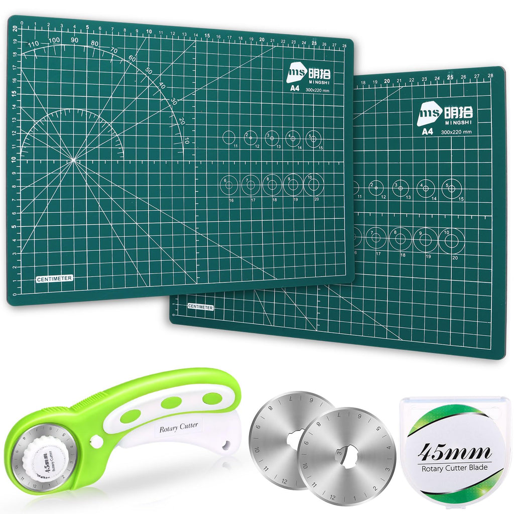 Chunful 5 Pcs Rotary Cutter Set 2 Pcs A4 Self Healing Cutting Mat & 45mm Fabric Cutter Wheel with 2 Blades 9 x 12 Inch Sewing Cutting Mats for Crafts Quilting Patch Working Hobby