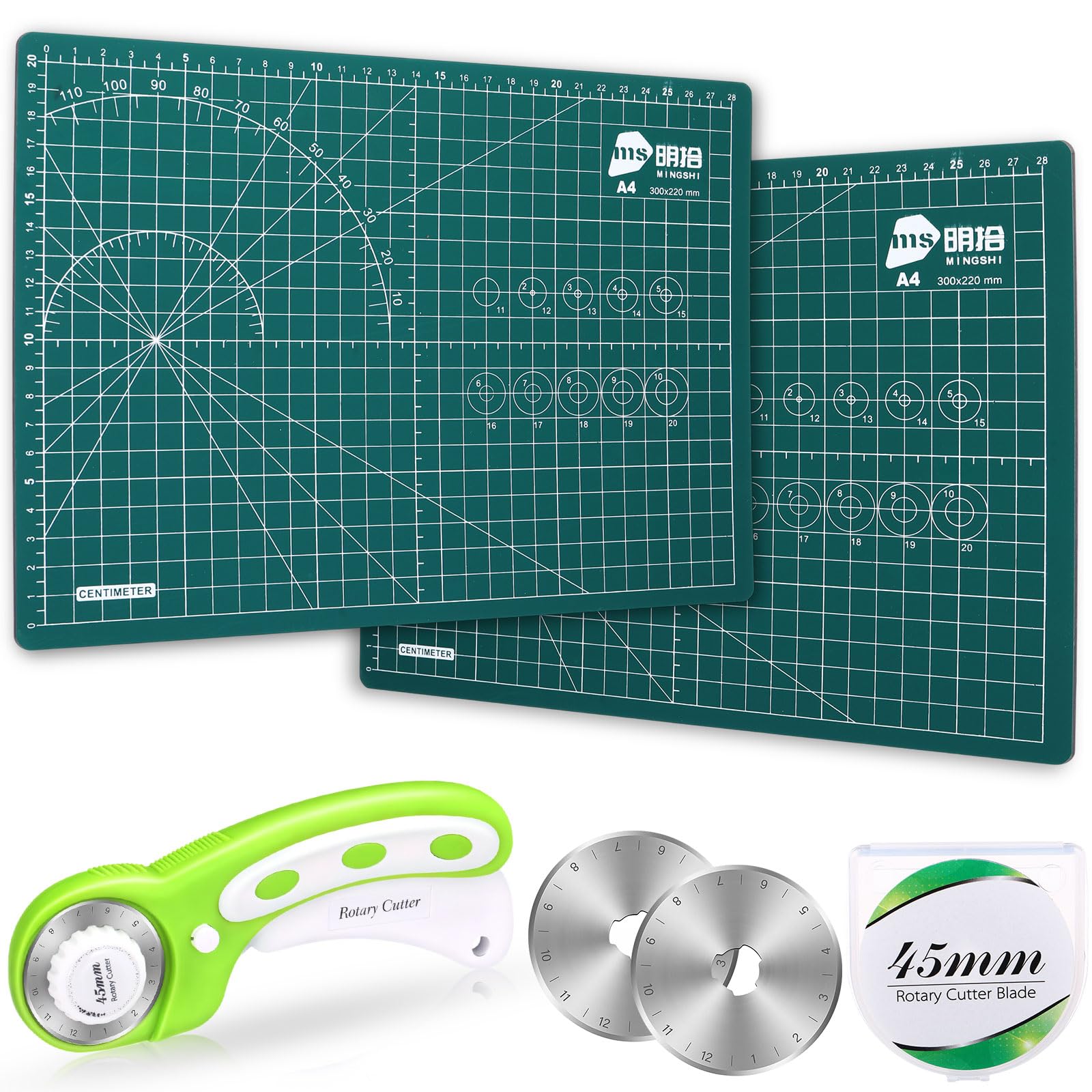 Chunful 5 Pcs Rotary Cutter Set 2 Pcs A4 Self Healing Cutting Mat & 45mm Fabric Cutter Wheel with 2 Blades 9 x 12 Inch Sewing Cutting Mats for Crafts Quilting Patch Working Hobby