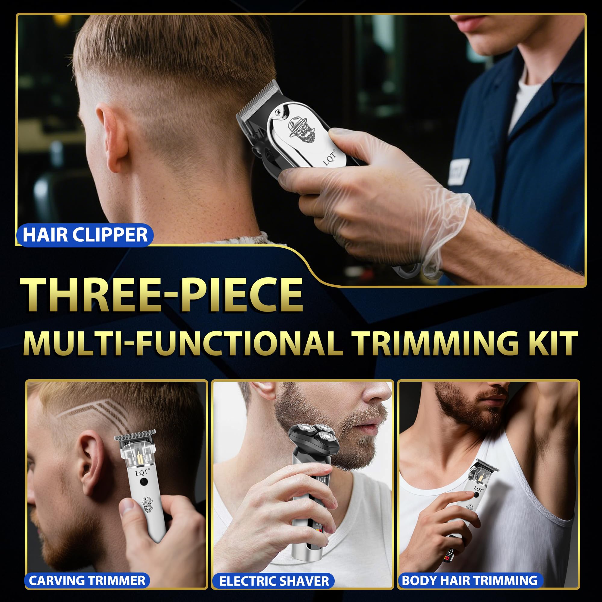 LQT Professional Barber Kit for Men, Cordless Hair Clipper, Trimmer & Shaver Set with LED Display, USB-C Rechargeable Battery,Low Noise,Grooming Gift for Husband, Father, Boyfriend (Black Blue)