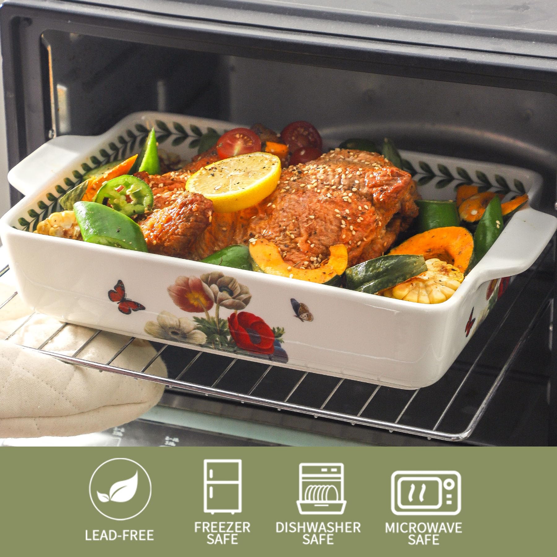 Howise Ceramic Papaver rhoeas Baking Casserole Dish with Handles, Large 2 pieces 8x13 inch & 6x10 inch Lasagna Baking Dish and Middle Flower Andplant Baking Pan,Porcelain Serving Bakeware Set