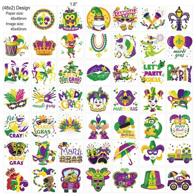 HOWAF 96 Pieces Mardi Gras Temporary Tattoos, 48 Styles New Orleans Party Temporary Tattoos Stickers for Kid, Mardi Gras Themed Fake Tattoos with Crown, Mask Design for Masquerade Party Decoration