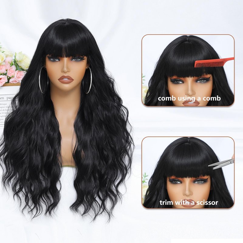 VOZIFAXIU Black Wig with Bangs for Women 26 Inch Long Wavy Black Wigs Synthetic Heat Resistant Wig for Daily Party Use