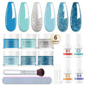 Eodci 12 Pcs Dip Powder Nail Kit Starter, 6 Colors Glitter Blue Snow Dipping Powder Kit With Base & Top Coat/Activator/Brush Saver, Nail Art Manicure Salon DIY for Daily at Home Party Gifts for Women