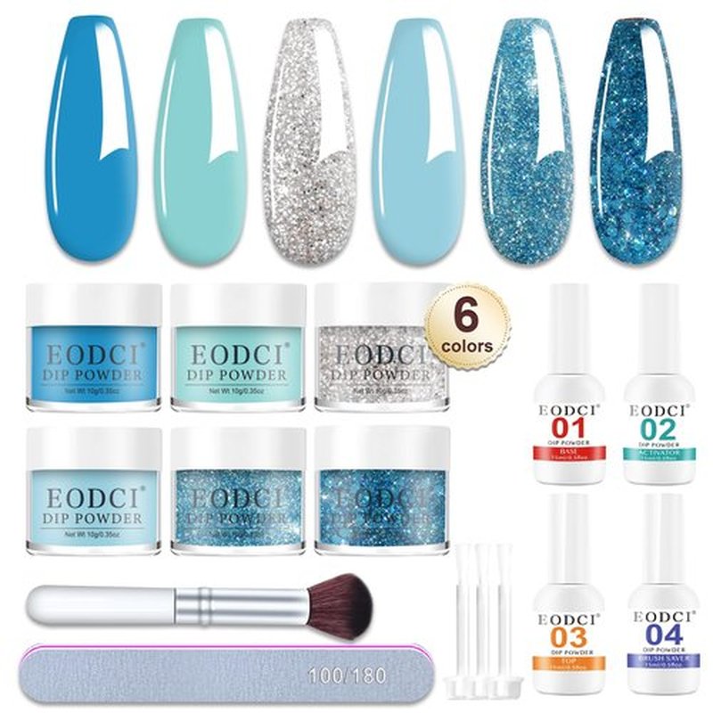 Eodci 12 Pcs Dip Powder Nail Kit Starter, 6 Colors Glitter Blue Snow Dipping Powder Kit With Base & Top Coat/Activator/Brush Saver, Nail Art Manicure Salon DIY for Daily at Home Party Gifts for Women