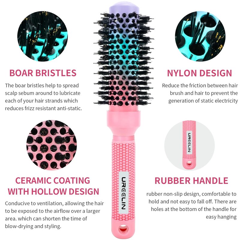 UREELIN Round Brush - 1.3 Inch Nano Thermal Ceramic & Ionic Hair Brush with Boar Bristles for Salon-Quality Blowouts, Volume, and Shine