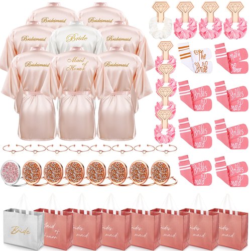 Toulite 48 Pcs Bridesmaid Robe Sets Silk Satin Bride Party Robes with Bachelorette Gift Handbags Knot Bracelets Hair Ties Rhinestone Mirrors and Socks for Bridesmaid Wedding Bachelorette Party
