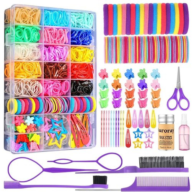 auroray Hair Accessories for Girls, 1698 Pcs Hair Rubber Bands with Elastic Hair Ties Hair Clips Hair Wax Stick Spray Bottle Hair Styling Tools