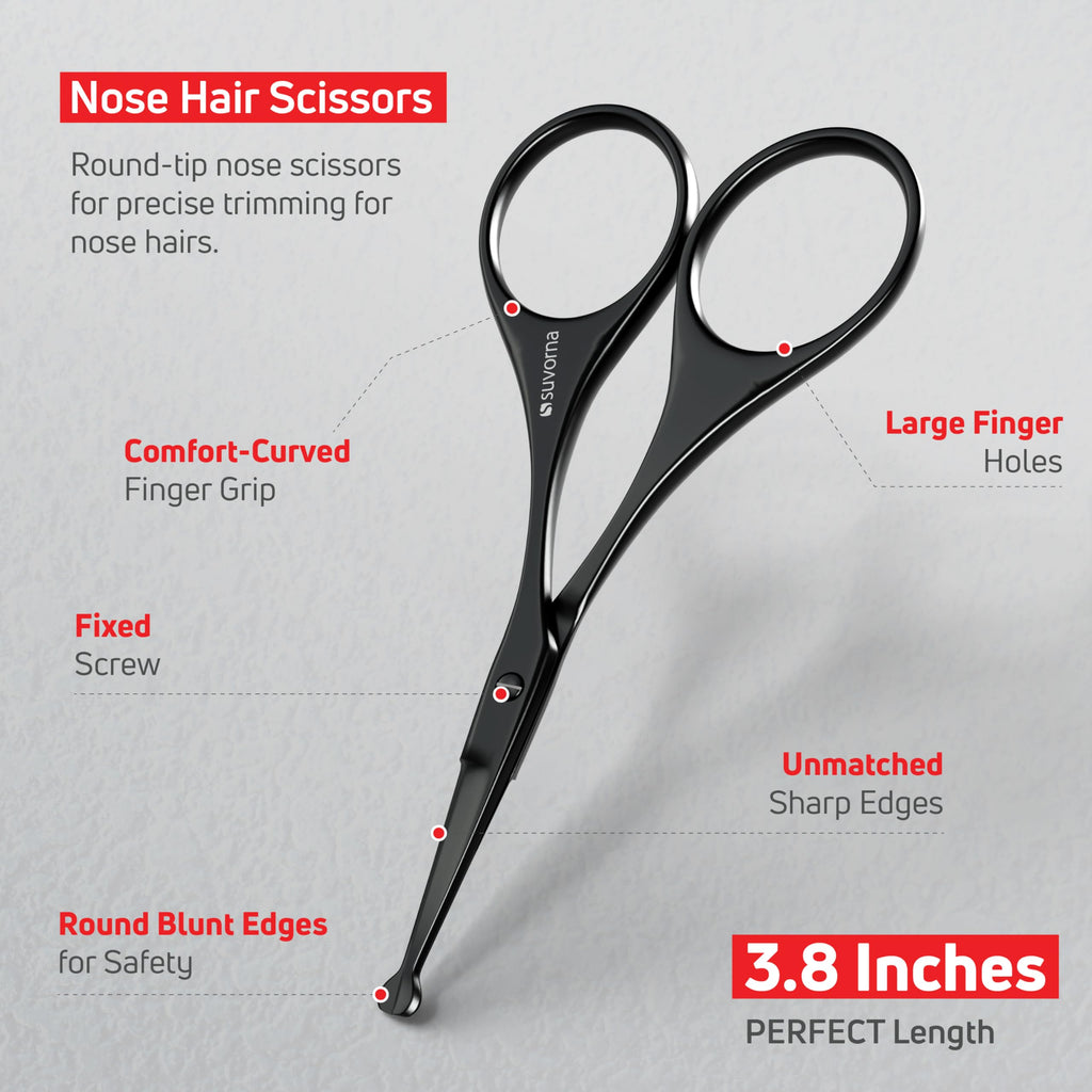 Suvorna Premium Beard & Mustache Set with Beard scissors for men, Straight Razor with blades- Facial Hair/Nose/Eyebrow Scissors - Slant Tweezers (6 Pcs Black)