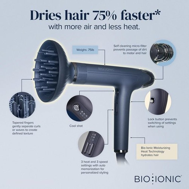 Bio Ionic Smart-X Hair Dryer - High-Efficiency Blow Dryer with Diffuser & Self-Cleaning Function
