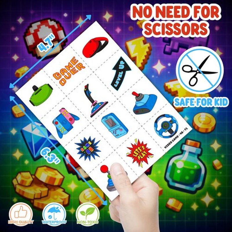 Cherisnowy 72PCS Video Game Party Set | 48PCS Temporary Tattoos & 24PCS Slap Bracelets - Gamer-Themed Birthday Supplies, Baby Shower Gifts, Classroom Rewards & Party Decor for Kids (Boys & Girls)