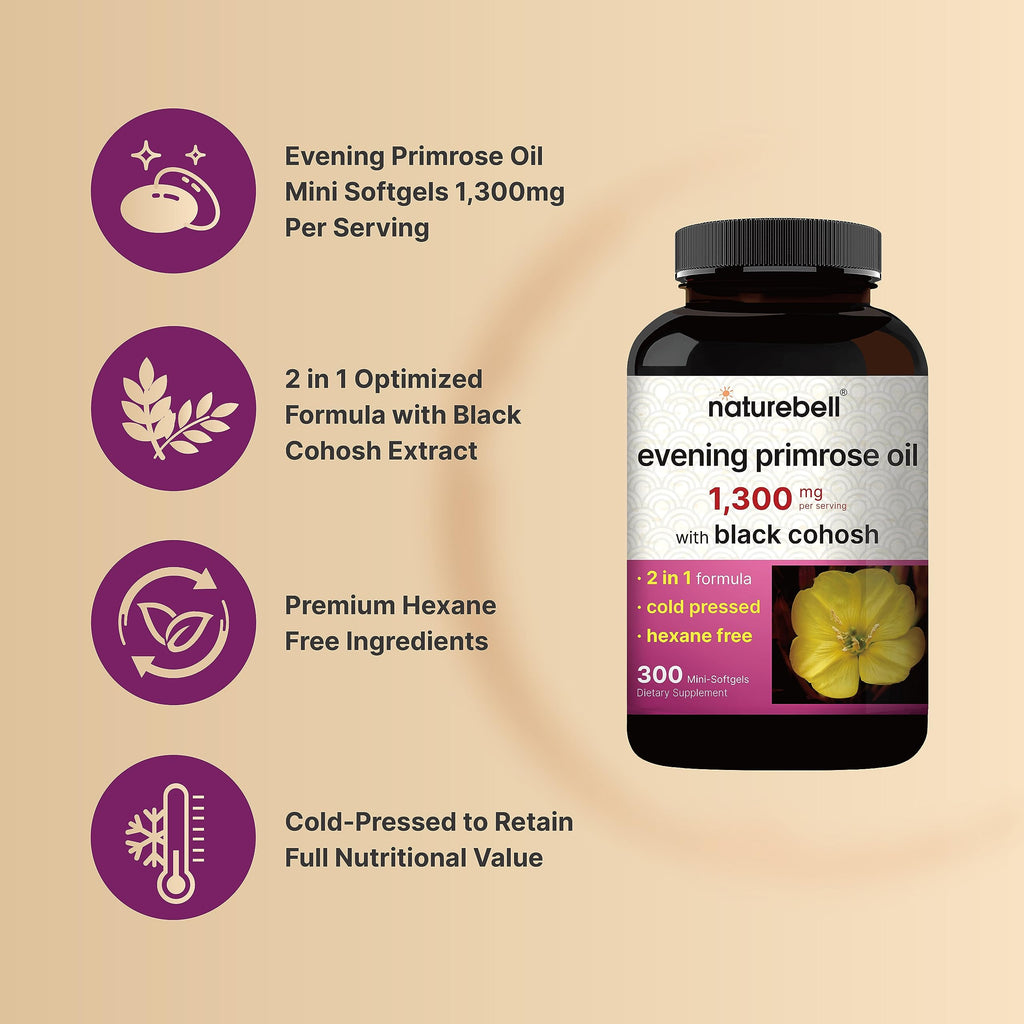 NatureBell Evening Primrose Oil with Black Cohosh, 1,300mg Per Serving, 300 Mini-Softgels | Cold Pressed Seeds, Retains 130mg GLA for Womens Health & Skin Care Support – Hexane Free, Non-GMO