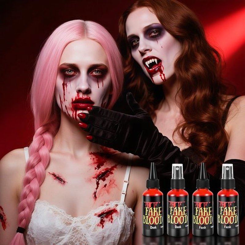 JAYUWE 7 PCS Halloween Fake Blood Spray Makeup Kit - Fake Blood 2.1oz X4 + Coagulated Blood Gel 1.41oz + Soap + Sponge, Washable Blood Paint for Clothes SFX Makeup Vampire Accessories, Dark & Fresh