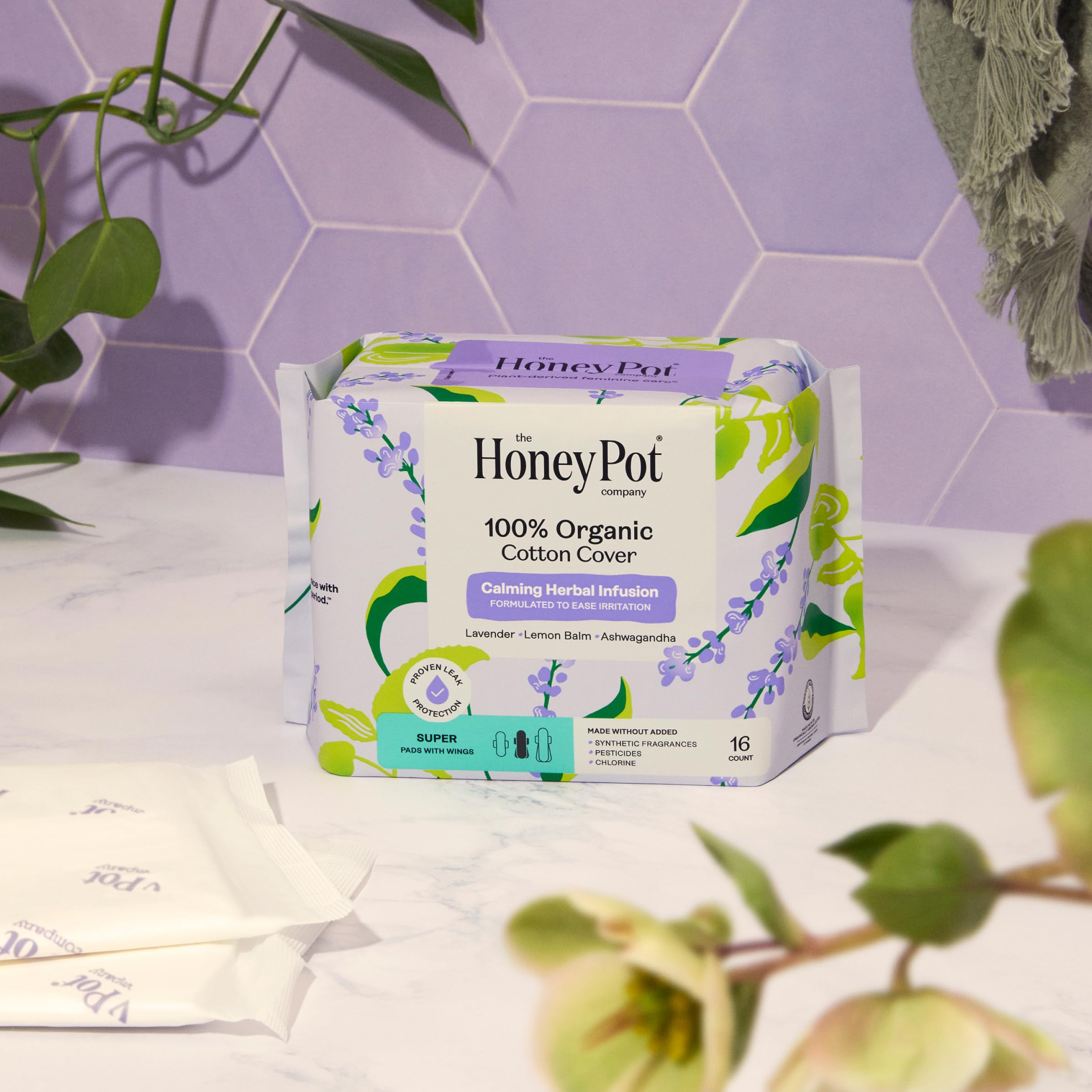 Honey Pot - Calming Herbal Super Sanitary Pads for Women - 100% Organic Cotton Top Sheet - Feminine Care - Non Cooling - Calming Herbs of Lavender, Ashwagandha, & Lemon Balm - 16ct