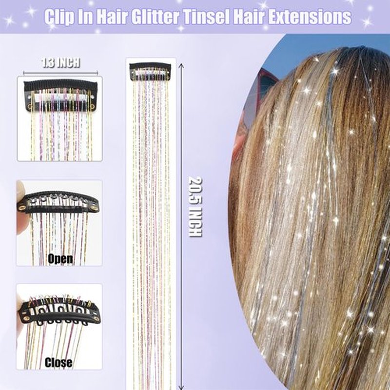 Hair Tinsel 12 Pcs Clip in Hair Tinsel Kit for Girls 20.5 Inch Glitter Shiny Sparkly Fairy Tinsel Hair Extensions Heat Resistant Party Festival Accessories for Women Kids (Peacock Blue)