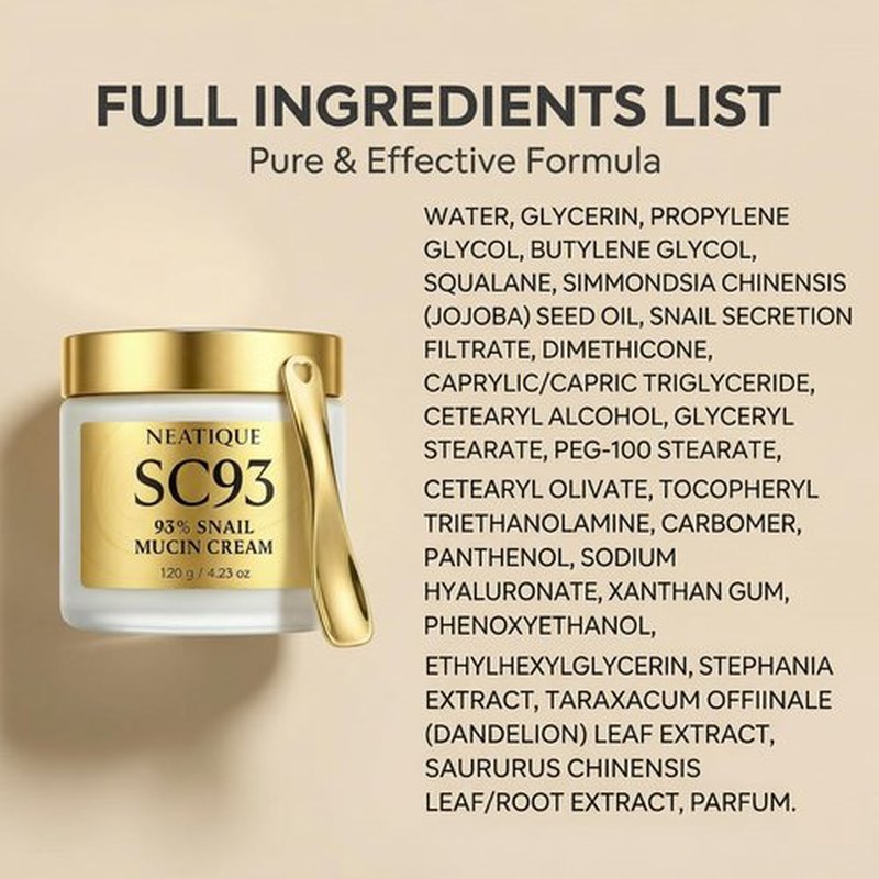 Neatique Snail Mucin Cream 93% for Skin Care, Intense Hydration & Dryness, Snail Mucin Moisturizer 120g, Natural Snail Secretion Filtrate & Non-GMO, Fast Absorbing & Non-Sticky, 4.23oz