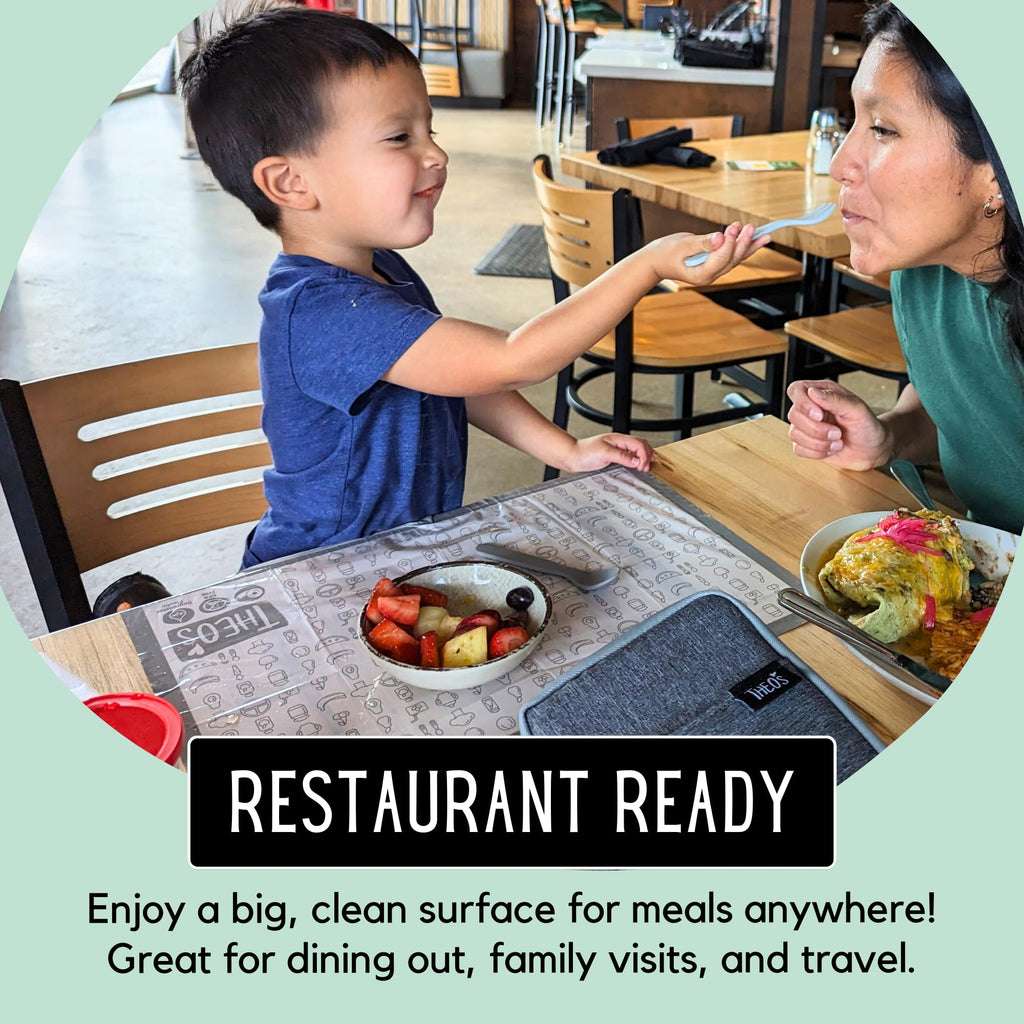 THEO'S 50 Pack Stick on Disposable Table Mats for Kids & Baby Led Weaning | Large 12" x 18" Restaurant Placemats in Re-usable Travel Pouch