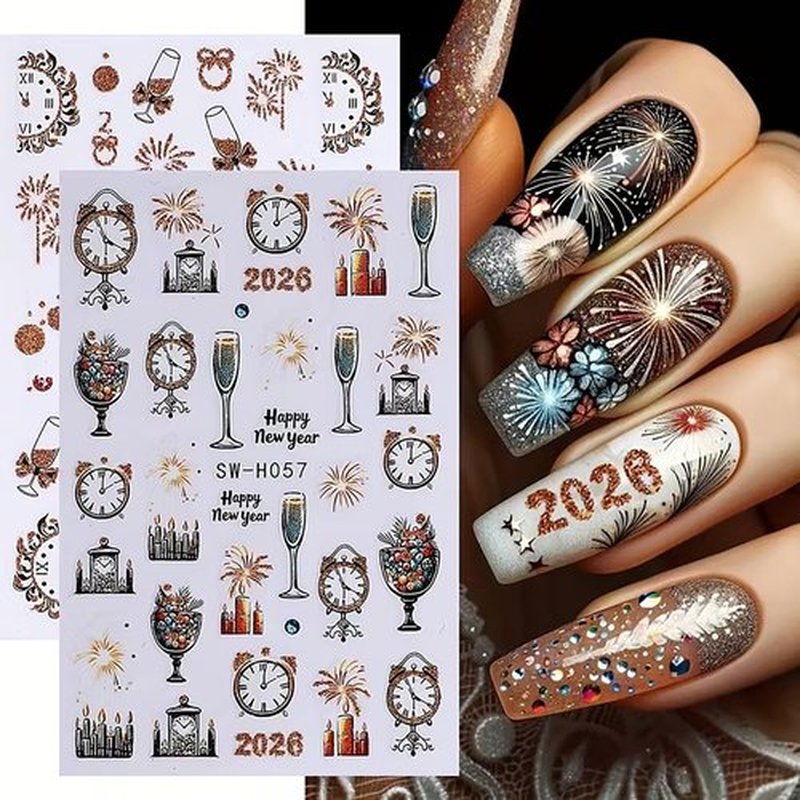6Pcs Christmas Nail Art Stickers Decals 2026 New Year Fireworks Clock Nail Design Stickers Winter Xmas Nail Art Supplies 3D Self Adhesive Glitter Nail Decals Holiday Manicure Accessories for Women
