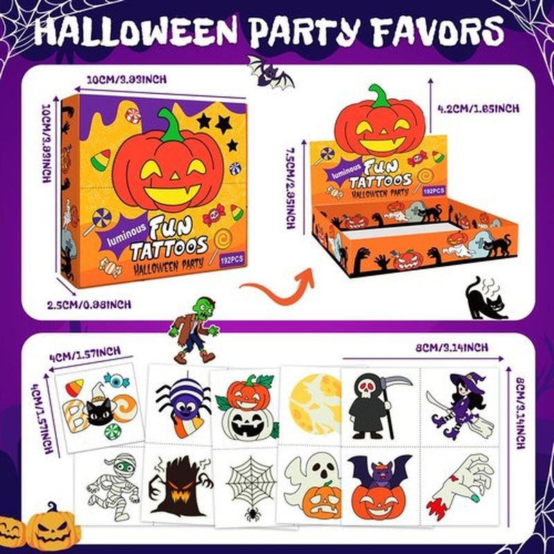 EMOME 192 PCS Halloween Tattoos for Kids, Luminous Temporary Tattoo Stickers for Halloween Party Favors Decorations, Halloween Gifts for Kids Goodie Bag Stuffers