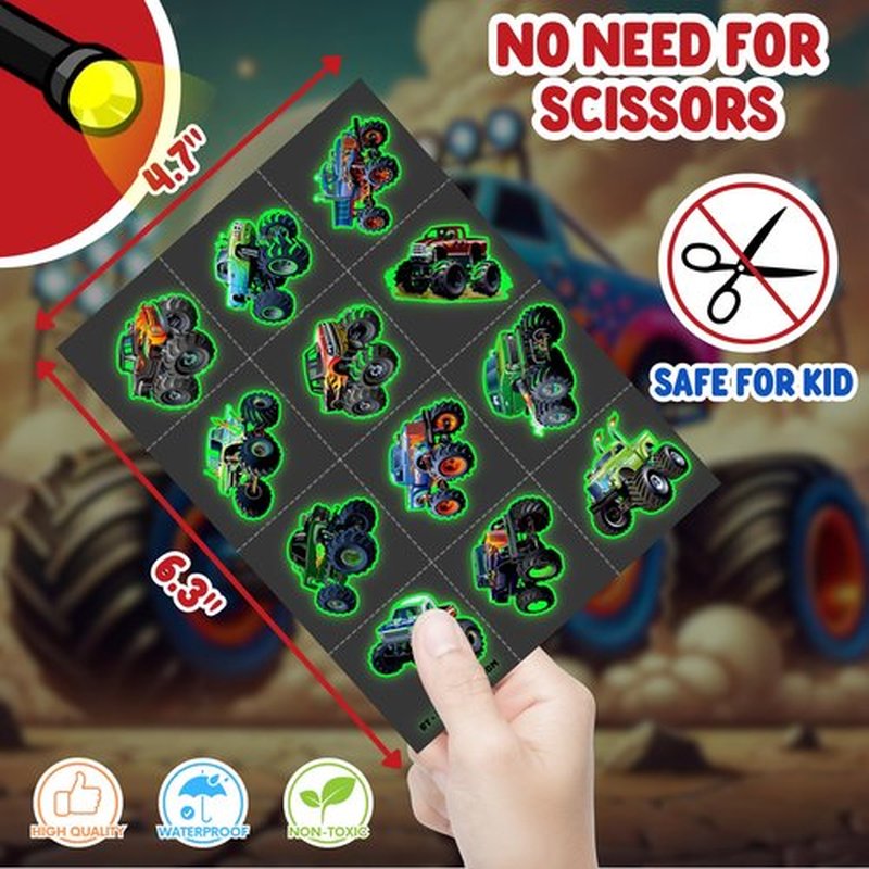 96PCS Monster Truck Pre-Cut Temporary Tattoos for Kids - Super Cute Birthday Party Supplies, Favors, and Decorations - Fake Tattoos Stickers for Boys, School Rewards, and Gifts (Glow in the dark)