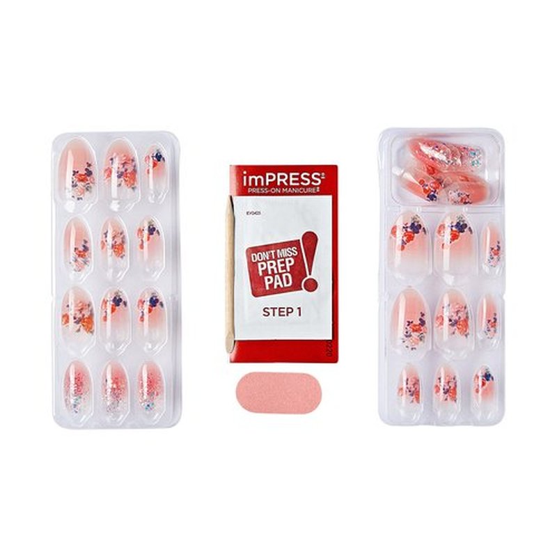 KISS LoveShackFancy x imPRESS Press-On Manicure Limited Edition, Style "Citrus Candy" Medium Almond Pink Press-On Nails, Includes Prep Pad, Mini Nail File, Cuticle Stick, & 30 Fake Nails