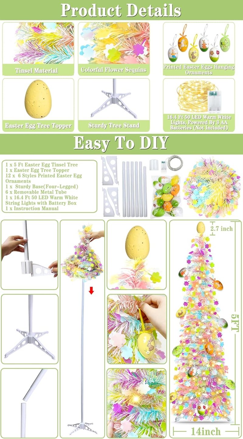 **Skiennix 5Ft Lighted Easter Tree - 50 LED Warm White Lights & Colorful Egg Ornaments | Battery Operated**