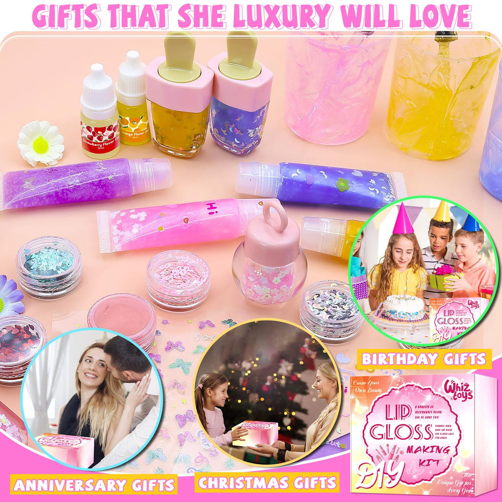WhizToys 74PCS DIY Lip Gloss Making Kit，Make Your Own Lip Glosses Moisturizing DIY Lip Glaze Handmade Glittery Set for Teens Girls Women Makeup Lover Beginner Birthday Gift