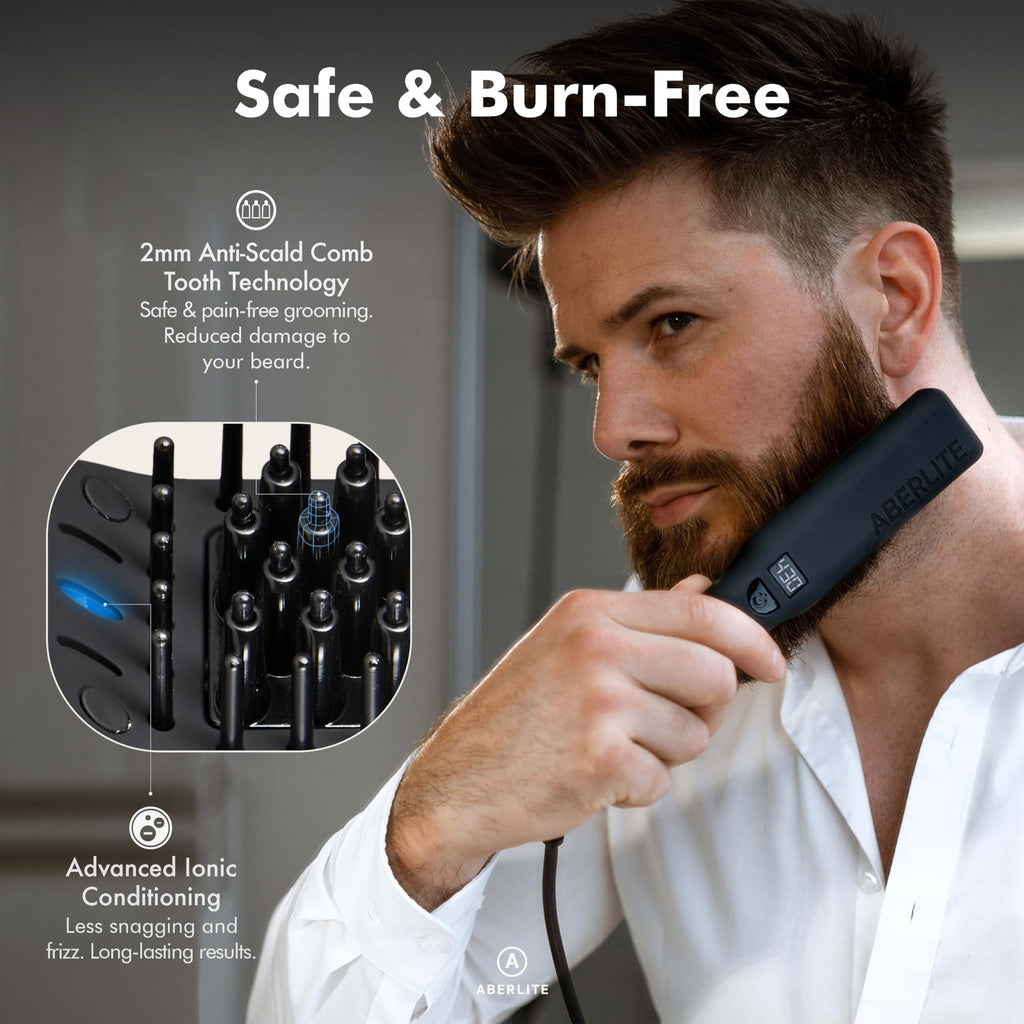 Aberlite Pro Professional Beard & Hair Straightener - Advanced Ionic & Anti-Scald Heated Brush - Pain-Free Conditioning - Straightening Comb for Men - for All Beard Types