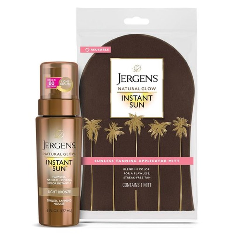 Jergens Natural Glow Sunless Tanning Mousse - Light Bronze 6oz with Applicator Mitt for Instant Glow