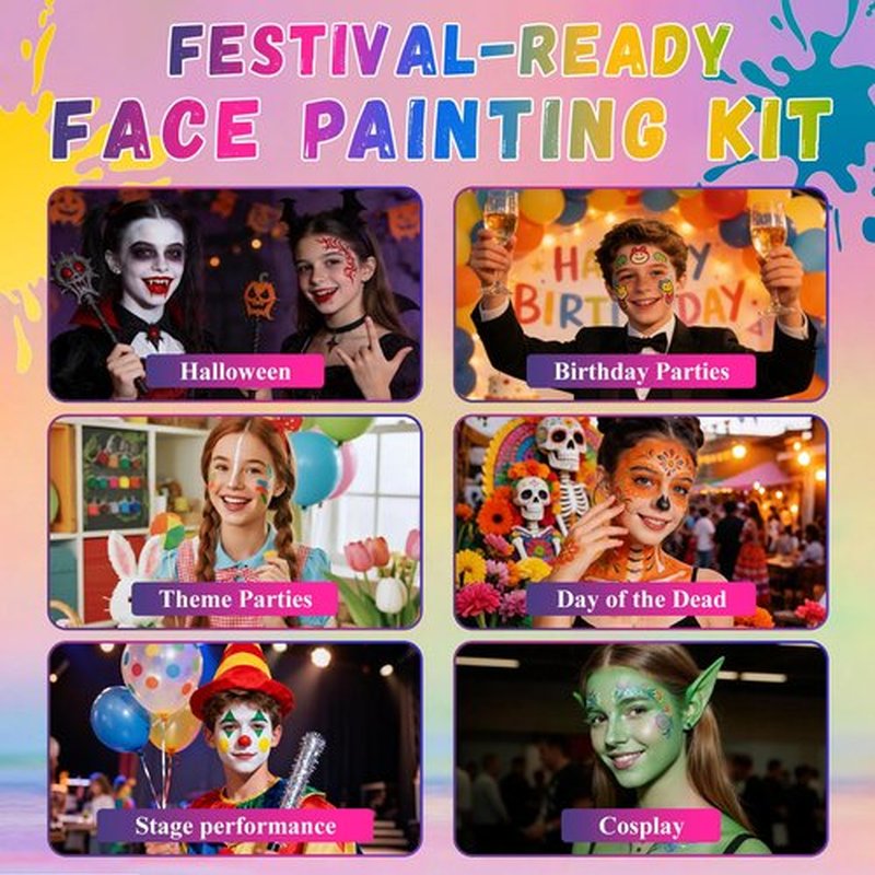 BRIMFULITE Face Painting Kit Non-toxic Body Paint Washable 18 Colors Facepaint Makeup Kit for Adults with 10 Face Paint Brushes for Halloween Party Cosplay Makeup (Color 001)